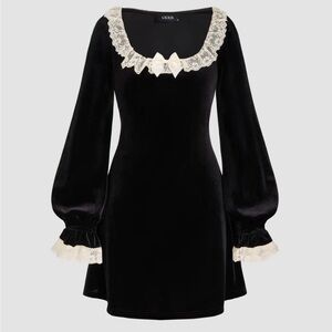 Cider Black Velvet Dress with Lace Accents
